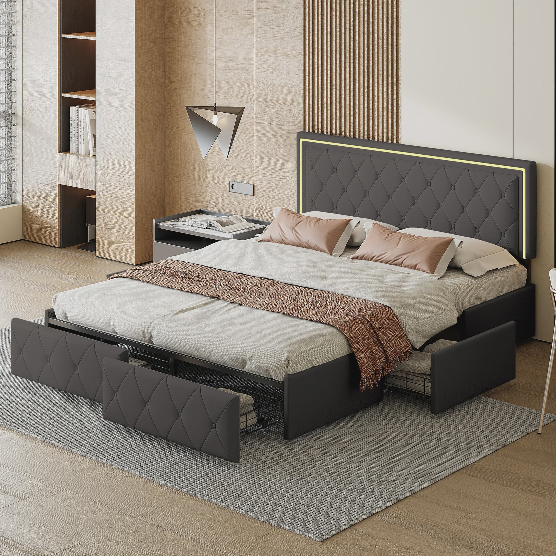 Modern Kunstlederen Bed met Lades en Opbergruimte - Stijlvol Dubbelbed