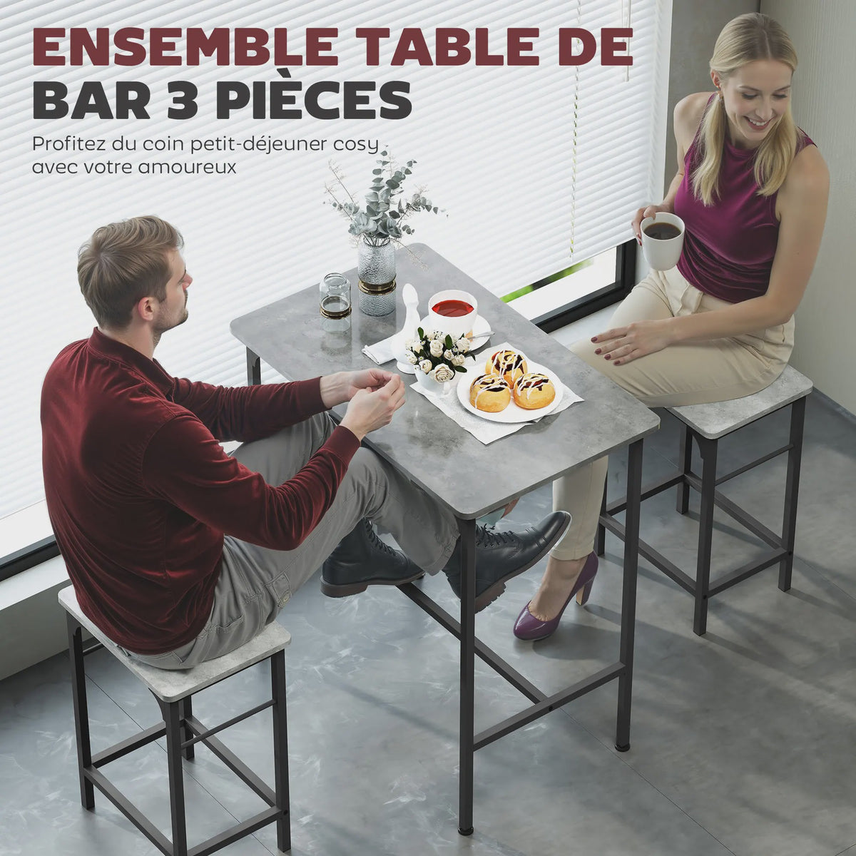 HOMCOM Bartafel Set met 2 Barkrukken - Keuken, Eetkamer, Woonkamer - Grijs