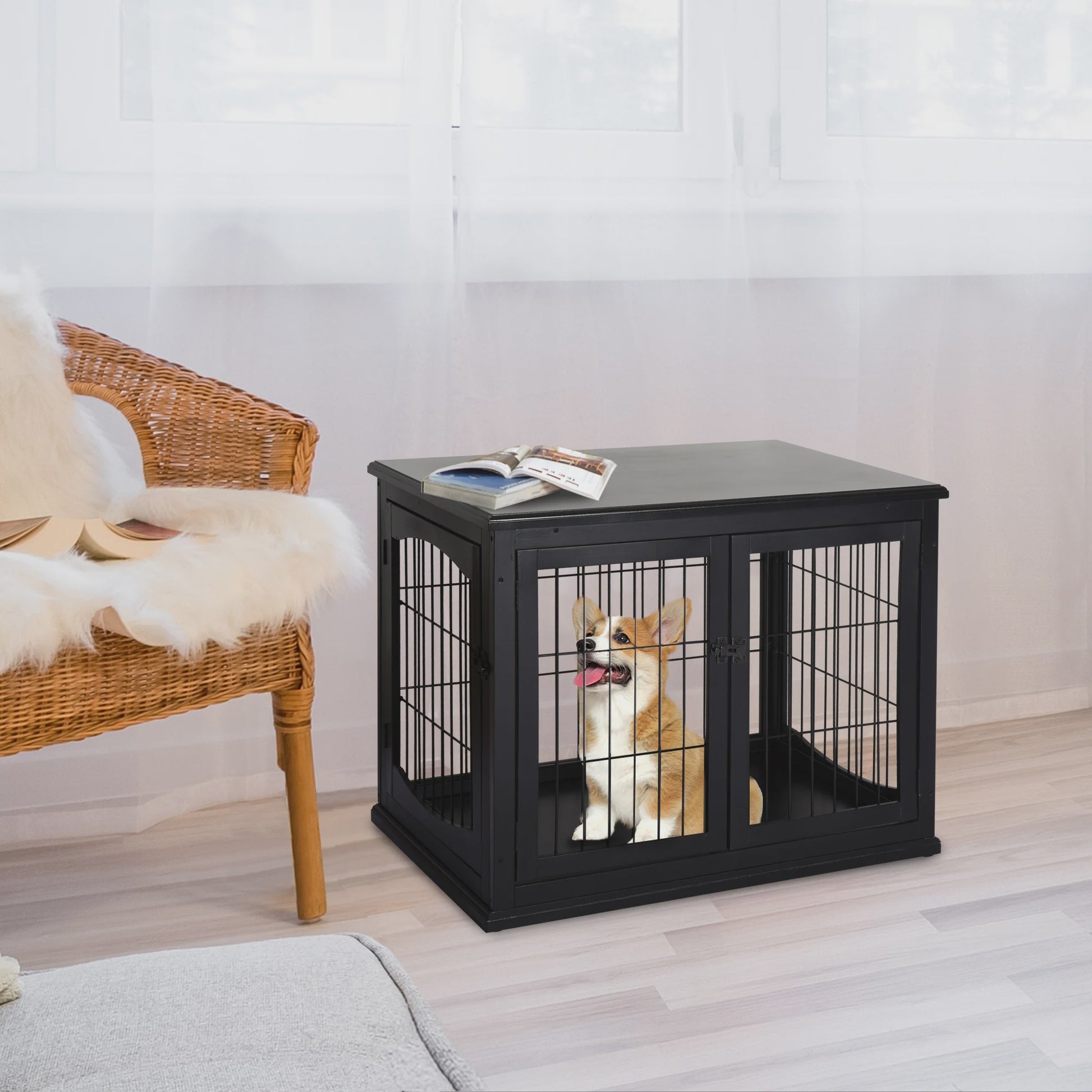 Hondenkooi Meubel met 3 Deuren - MDF - Max. 30 kg - Zwart