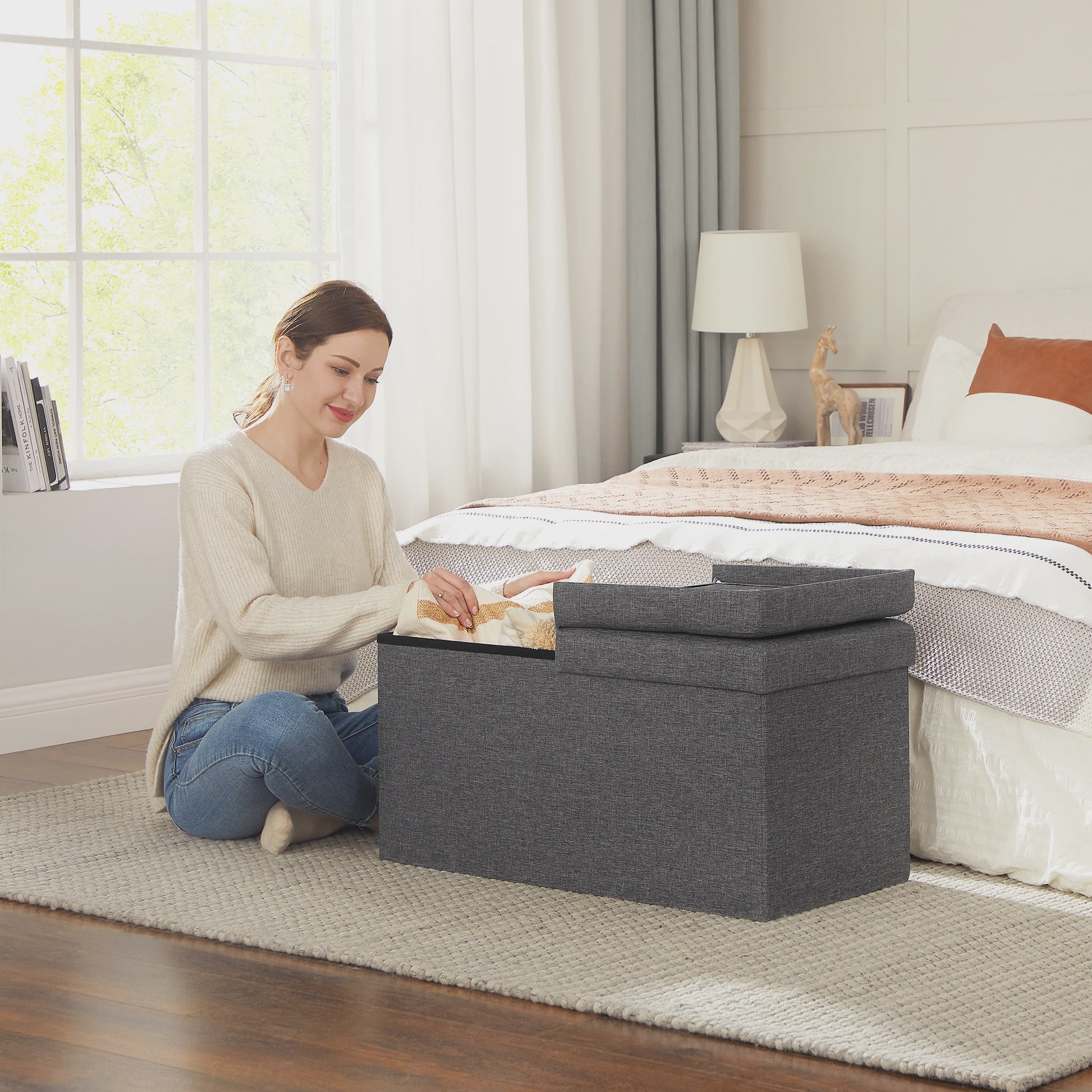 Songmics Opbergbank met Klapdeksel - 76x38x38 cm - Grijze Linnenlook - Multifunctioneel Zitmeubel