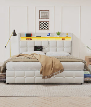 Luxe Gestoffeerd 2-Persoons Bed 140x190cm met PU Hoofdbord, LED Verlichting, USB & Opbergruimte