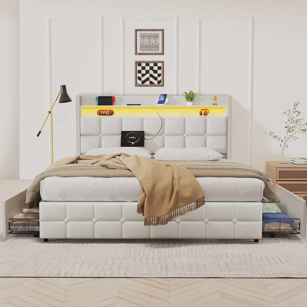 Luxe Gestoffeerd 2-Persoons Bed 140x190cm met PU Hoofdbord, LED Verlichting, USB & Opbergruimte