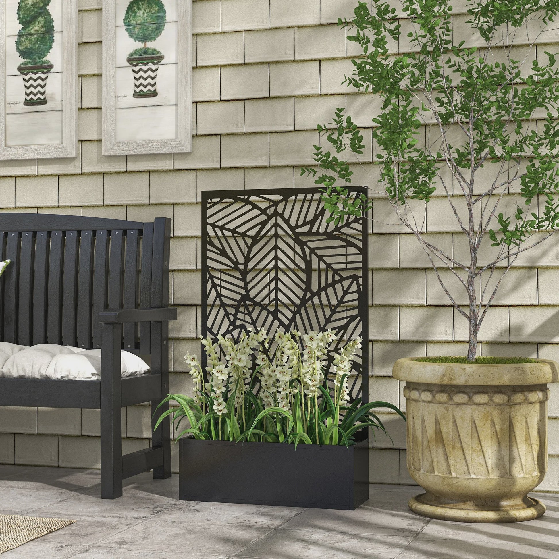 Outsunny Plantenbak met Decoratief Klimrek - Metalen Bloembak op Voet