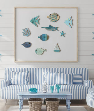 Houten Oceaan Muurdecoratie Set: Vissen, Koraal, Zeester & Zeilboot - Kuststijl Huisdecoratie