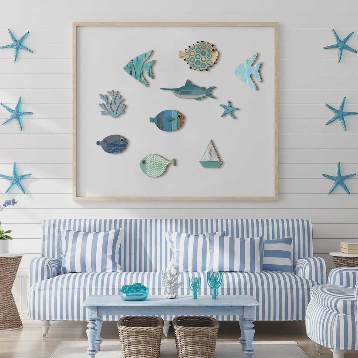 Houten Oceaan Muurdecoratie Set: Vissen, Koraal, Zeester & Zeilboot - Kuststijl Huisdecoratie