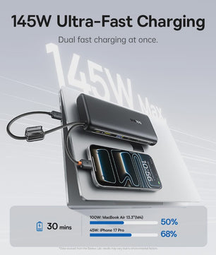 Baseus 145W Powerbank 25000mAh met Ingebouwde Type-C Kabels - Snel Laden voor Laptop, Tablet & Smartphone