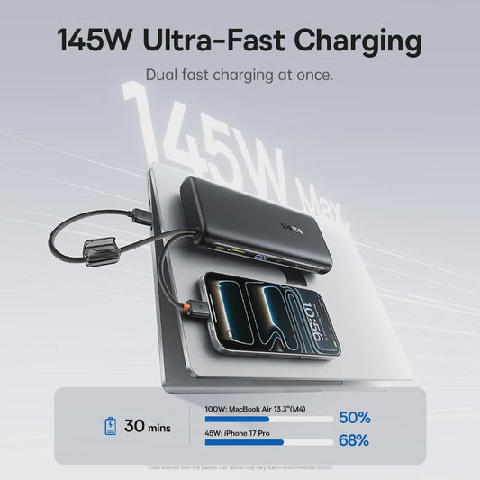 Baseus 145W Powerbank 25000mAh met Ingebouwde Type-C Kabels - Snel Laden voor Laptop, Tablet & Smartphone