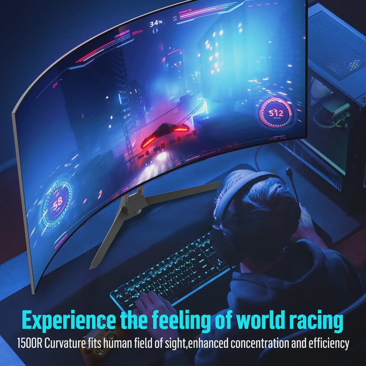 Gawfolk 34" Ultrawide Curved Gaming Monitor 165Hz UWQHD 1500R Curvature met FreeSync