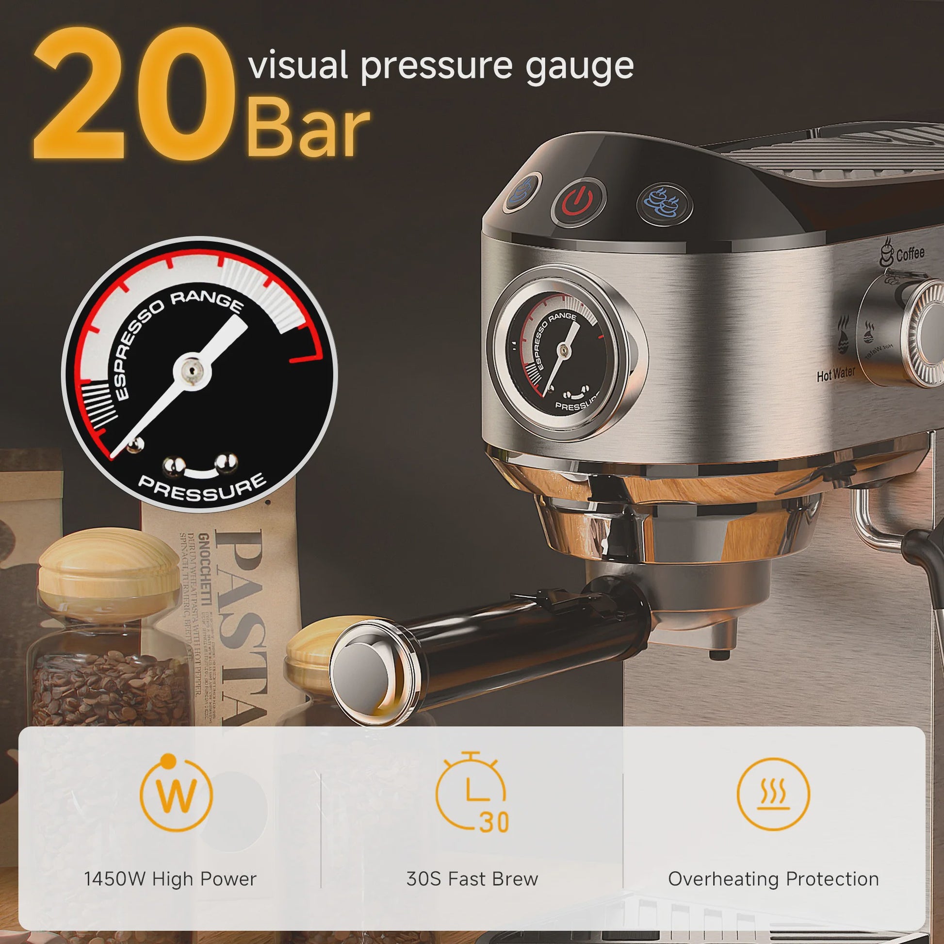 BioloMix Espressomachine 20 Bar RVS met Stoompijpje - Semi-Automatisch