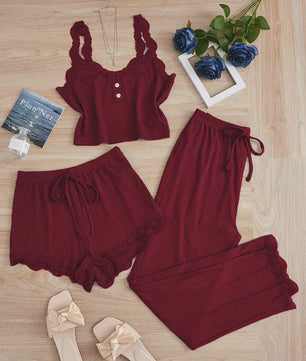 Dames 3-delige Pyjamaset met Kant - Zomer Vest, Shorts & Lange Broek