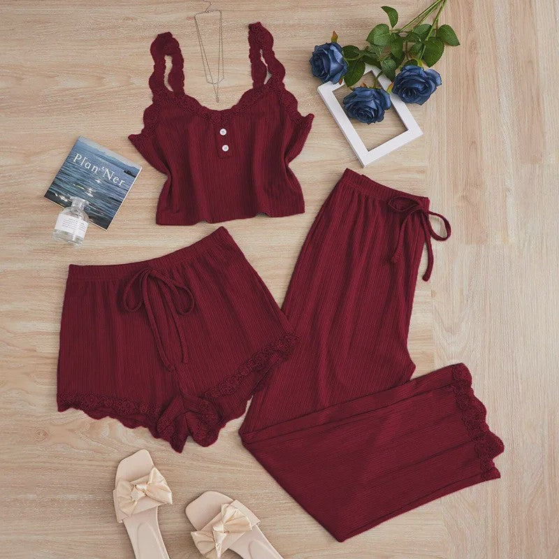 Dames 3-delige Pyjamaset met Kant - Zomer Vest, Shorts & Lange Broek