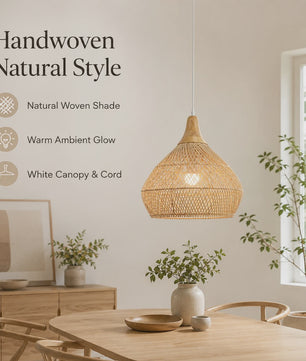 Boho Rotan Hanglamp met Houten Top - Sfeervolle Verlichting voor Woonkamer, Keuken & Eetkamer