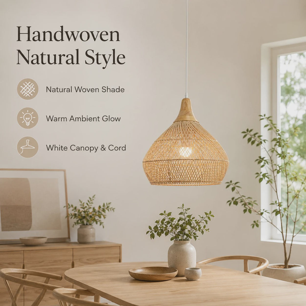 Boho Rotan Hanglamp met Houten Top - Sfeervolle Verlichting voor Woonkamer, Keuken & Eetkamer