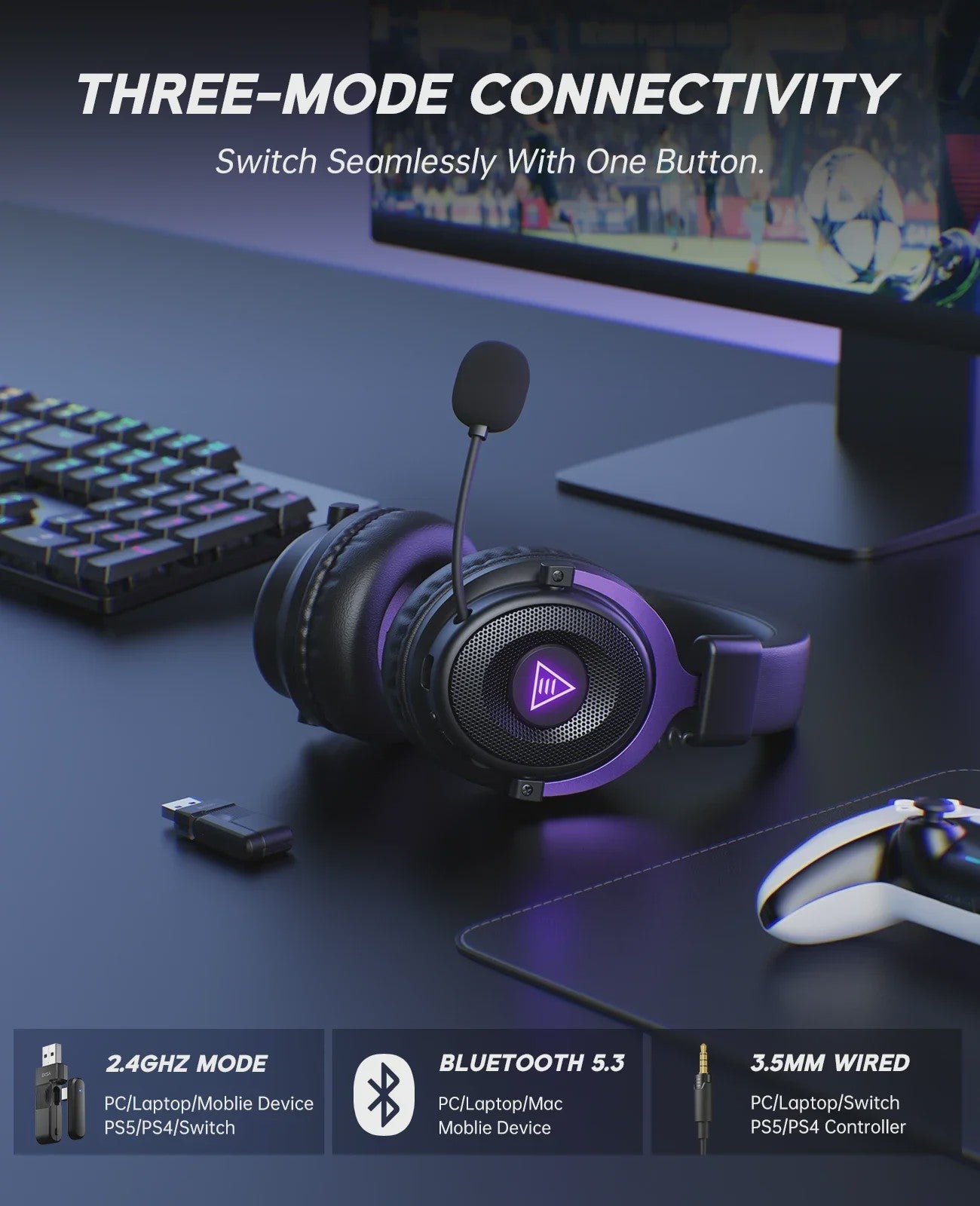 Oneodio EKSA E900 WT Gaming Headset: Draadloos 2.4G, Bluetooth, 80u Batterij & RGB