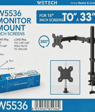 WETECH W5536 Monitor Arm: Verstelbare Desk Mount voor 15-33 Inch Schermen, 8kg Belasting, VESA 75/100, 360° Rotatie
