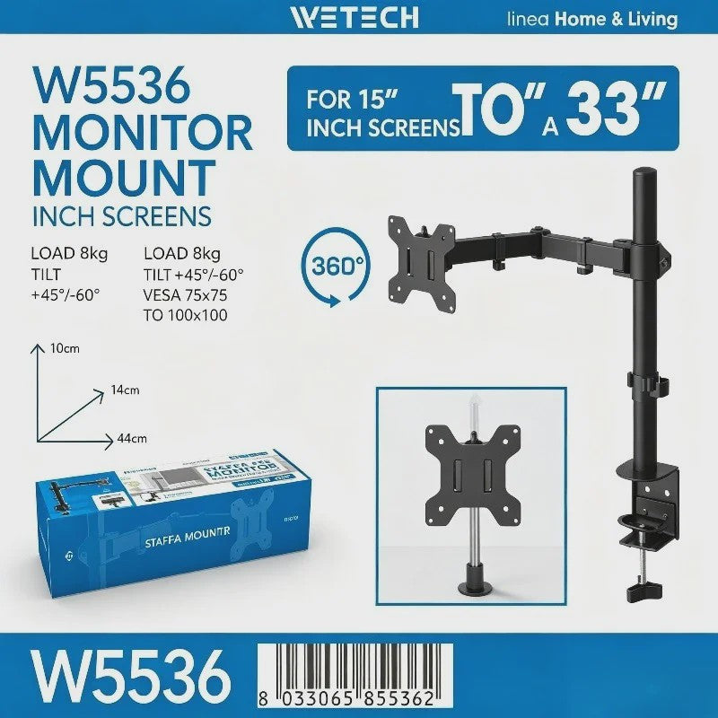 WETECH W5536 Monitor Arm: Verstelbare Desk Mount voor 15-33 Inch Schermen, 8kg Belasting, VESA 75/100, 360° Rotatie