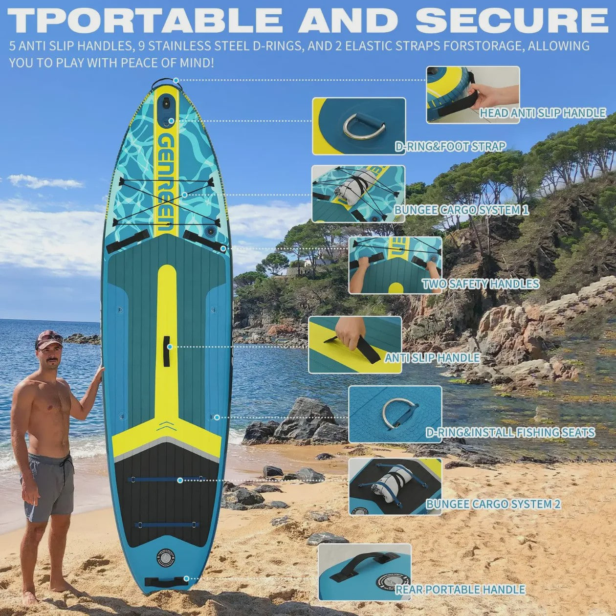 GENREEN Ultra-Licht Opblaasbaar SUP Board 335cm - 200kg Capaciteit - Complete Set