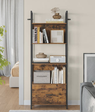 VASAGLE Industriële Boekenkast met Lade - 5 Lagen, Ladder Design, Staal Frame