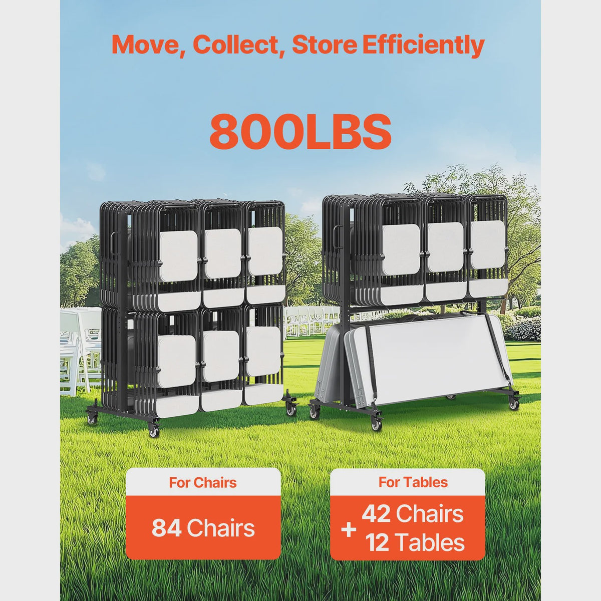 Stoelkar met Wielen | Opslag voor 84 Stoelen of 12 Tafels | 800LBS Capaciteit