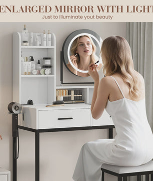 Make-up Tafel met Verlichte Spiegel, 3 Lichtstanden & Föhn-houder