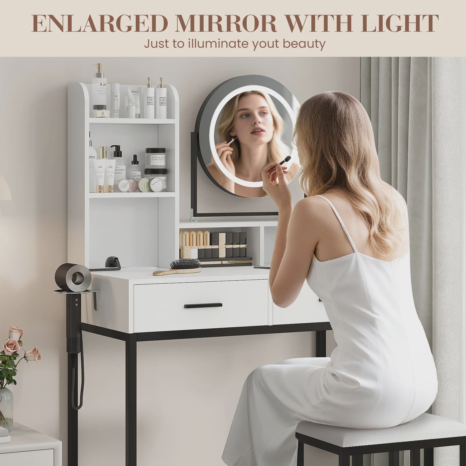 Make-up Tafel met Verlichte Spiegel, 3 Lichtstanden & Föhn-houder