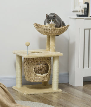 PawHut Kattenkrabpaal met Niche, Mand, Pompon en Sisal - Beige 45x40x74 cm