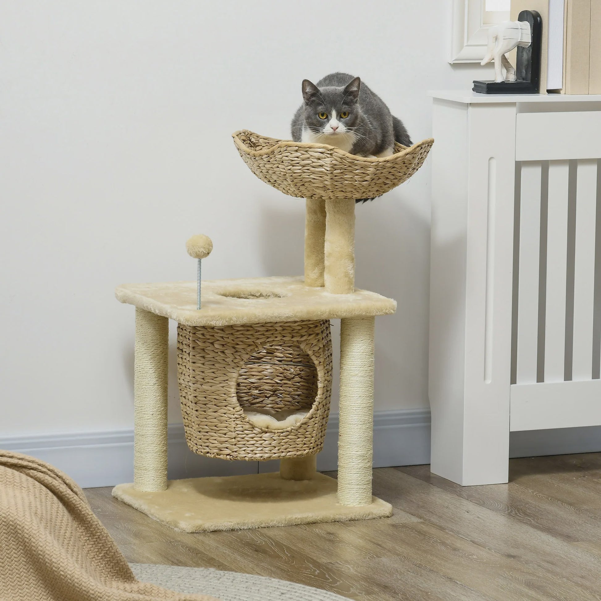 PawHut Kattenkrabpaal met Niche, Mand, Pompon en Sisal - Beige 45x40x74 cm