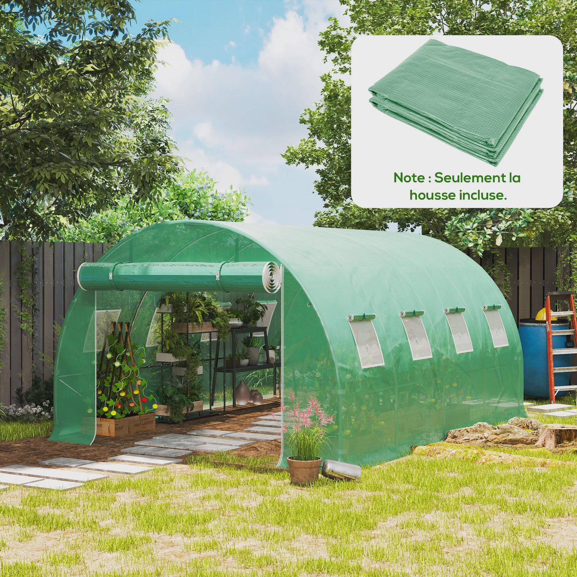 Outsunny Tunnel Kas Huisje 4x3x2m - 12m² UV-bestendig, Waterdicht, 8 Ramen, Roldeur