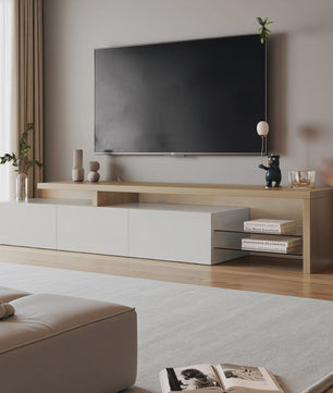Moderne TV Meubel met LED Verlichting, 3 Lades en Glazen Partition - Wit/Zwart Hoogglans