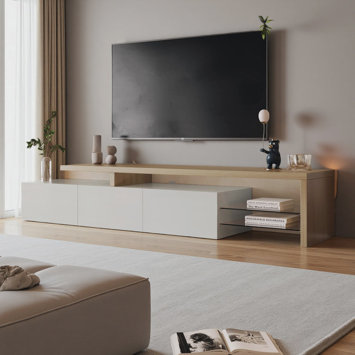 Moderne TV Meubel met LED Verlichting, 3 Lades en Glazen Partition - Wit/Zwart Hoogglans
