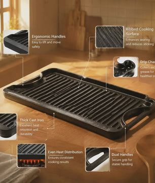 Omkeerbare Gietijzeren Grillplaat/Bakplaat 492x218mm - Draagbaar, Rechthoekig, Voor Binnen & Buiten Koken