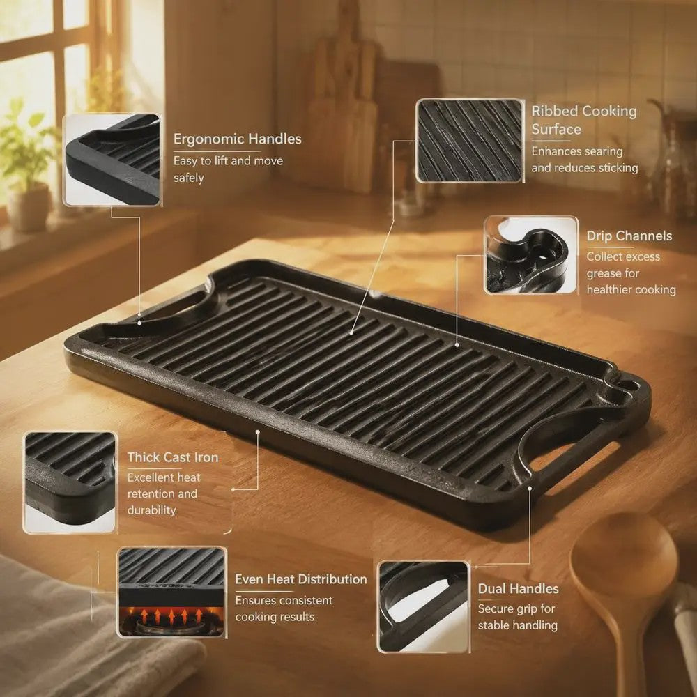 Omkeerbare Gietijzeren Grillplaat/Bakplaat 492x218mm - Draagbaar, Rechthoekig, Voor Binnen & Buiten Koken