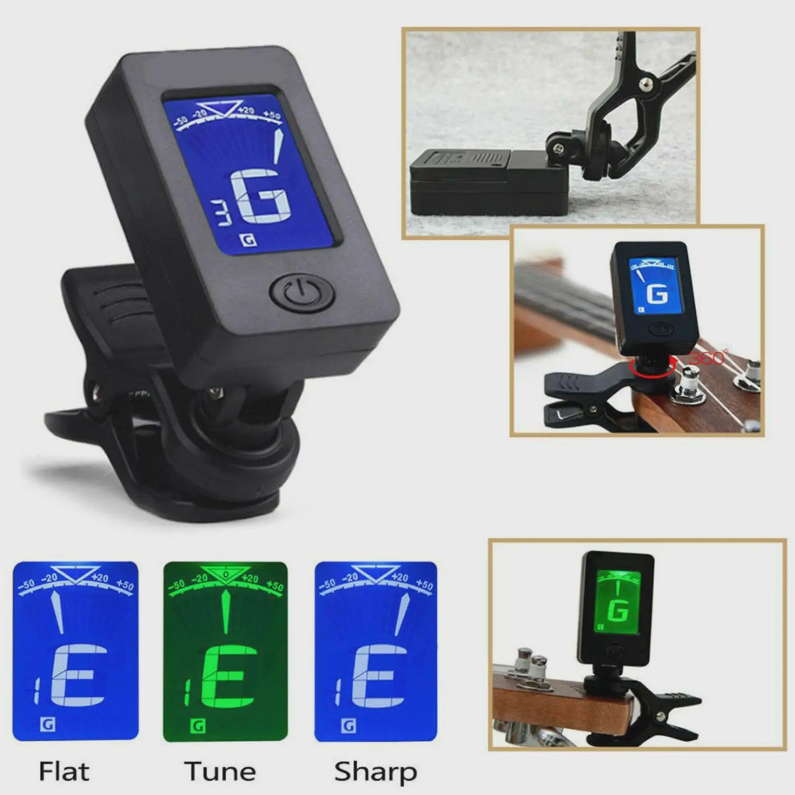 Professionele Clip-On Gitaartuner met 360° Draaibaar LCD Scherm - Voor Gitaar & Ukulele