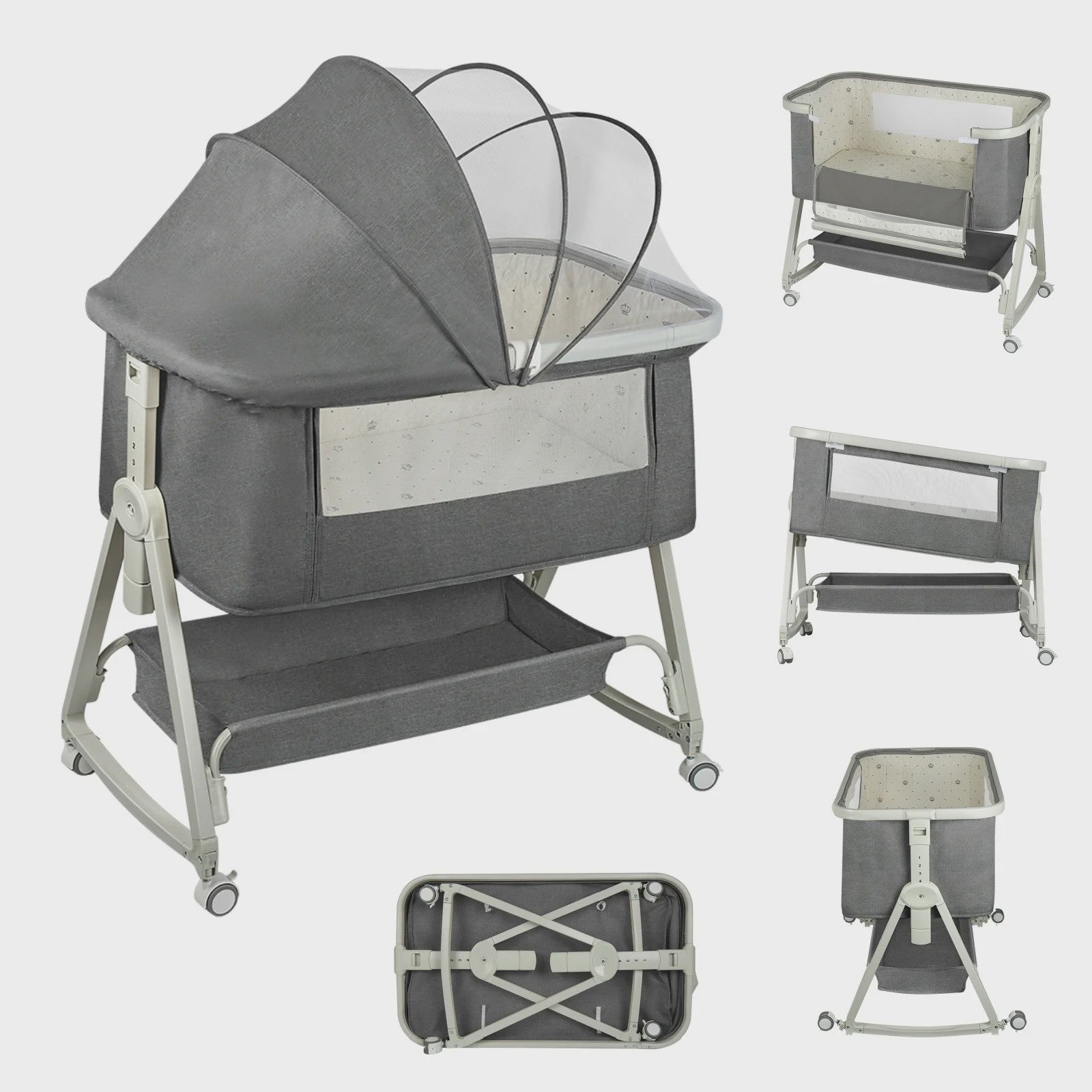 4-in-1 Baby Co-Sleeper Crib: Verstelbaar, Kantelbaar, Wielen met Rem, Matras, 0-24 Maanden