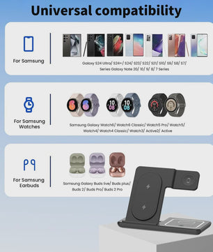 3-in-1 Opvouwbare Draadloze Oplader Stand voor Samsung Telefoon, Horloge & Earbuds - Snel Laden