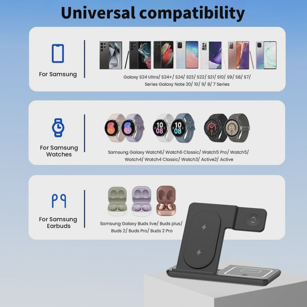 3-in-1 Opvouwbare Draadloze Oplader Stand voor Samsung Telefoon, Horloge & Earbuds - Snel Laden
