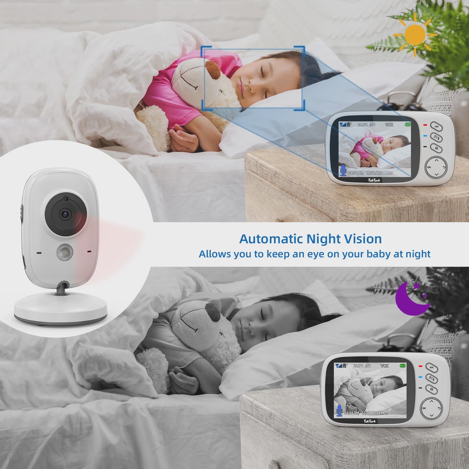 Draadloze Babyfoon met 3.2" Scherm, Nachtzicht, Temperatuur & Melodieën