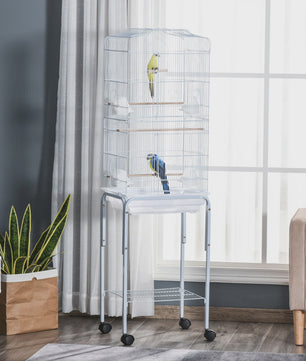 Ruime Vogelkooi met Standaard, Wielen en Opbergplank - 46.5x36x157 cm