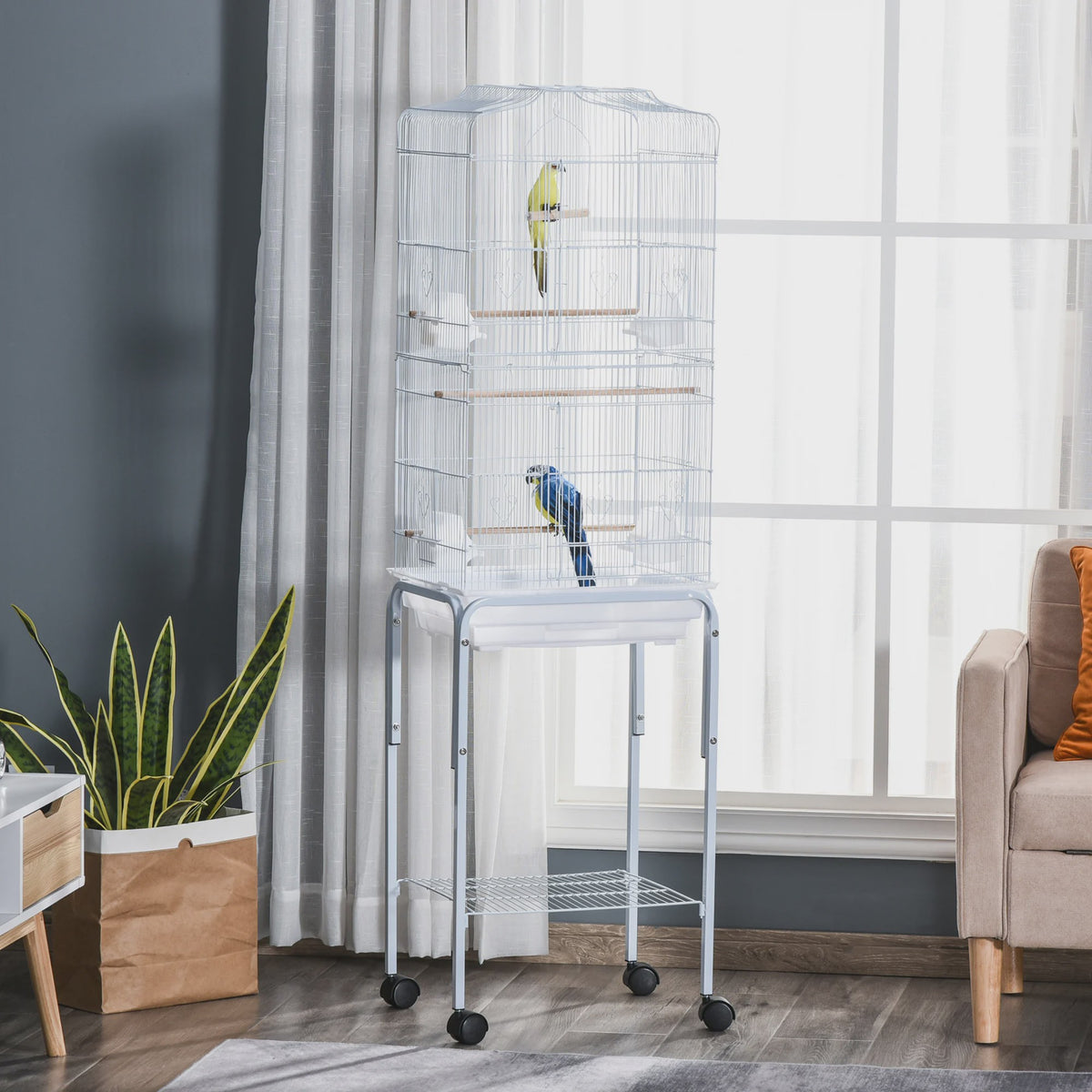 Ruime Vogelkooi met Standaard, Wielen en Opbergplank - 46.5x36x157 cm