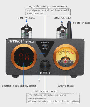 AIYIMA T9 PRO HiFi Bluetooth 5.2 Tube Versterker met VU Meter - 100W x 2 Stereo Audio Amp met USB DAC, COAX & OPT