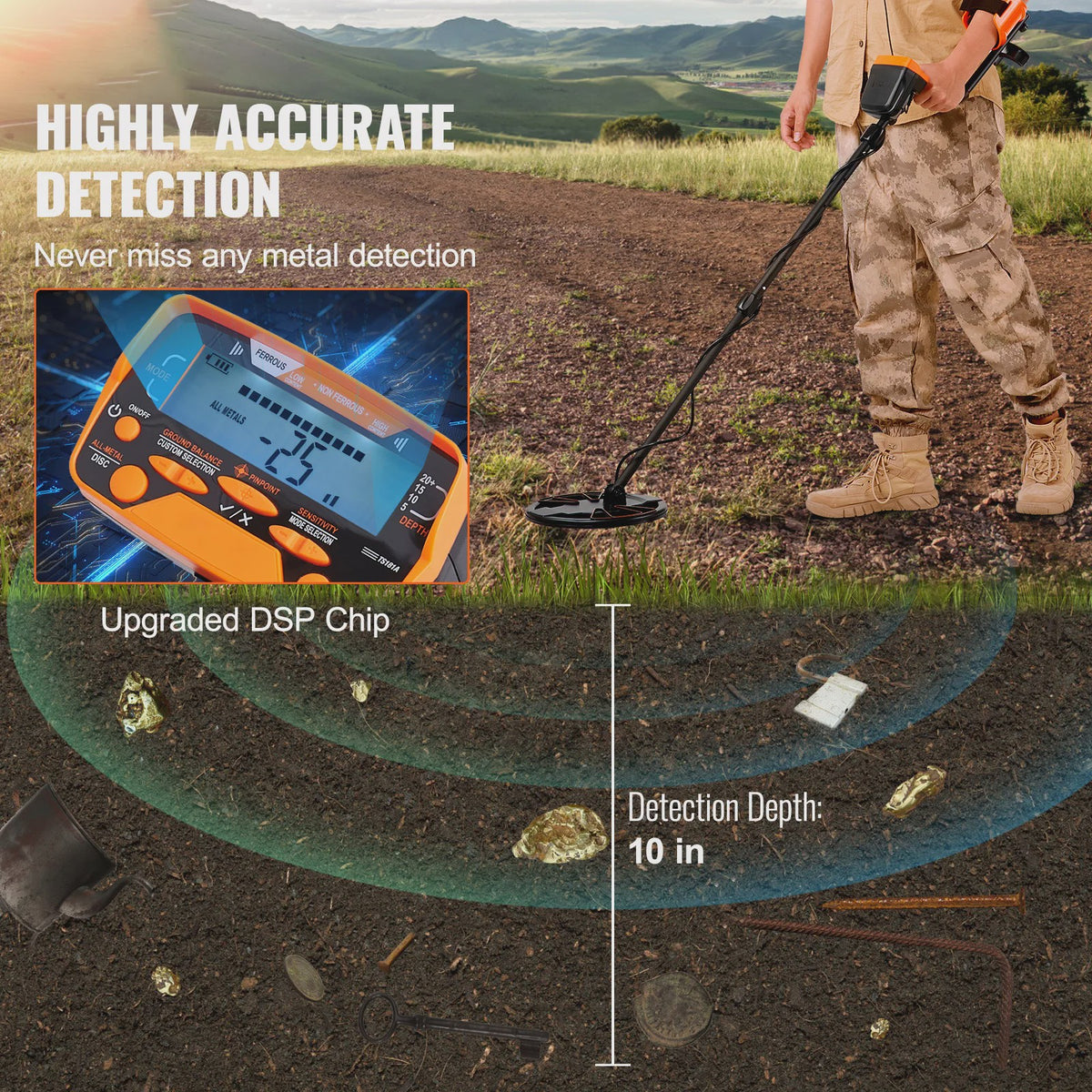 SucceBuy Metaaldetector 10" Waterdichte Spoel, LCD, 7 Modi, Verstelbaar 41"-52"