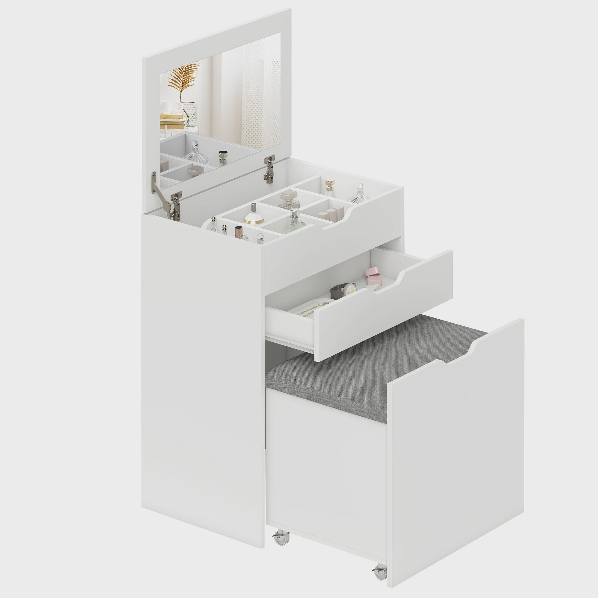 Stijlvolle Make-up Tafel met Inklapbare Spiegel, Kruk en Veel Opbergruimte