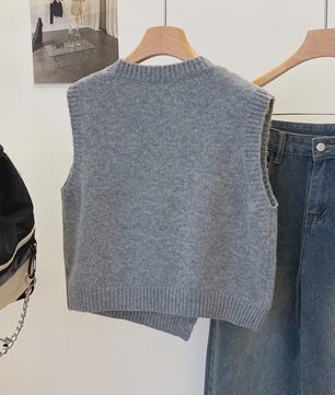 Gebreide Vest Trui Dames - Effen Kleur, Casual & Veelzijdig, Kort Model met Knopen