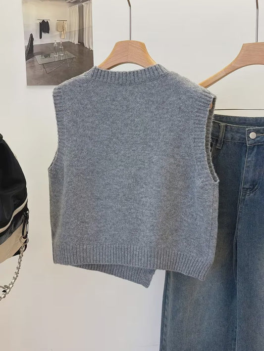 Gebreide Vest Trui Dames - Effen Kleur, Casual & Veelzijdig, Kort Model met Knopen