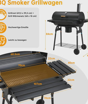 Charcoal BBQ Grillwagen met Deksel, Thermometer en Zijtafel - Perfect voor Tuinfeesten