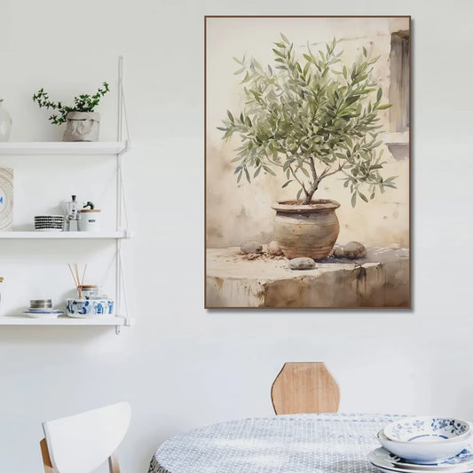 Mediterrane Canvas Poster: Citroenboom en Olijfboom met Grieks Landschap