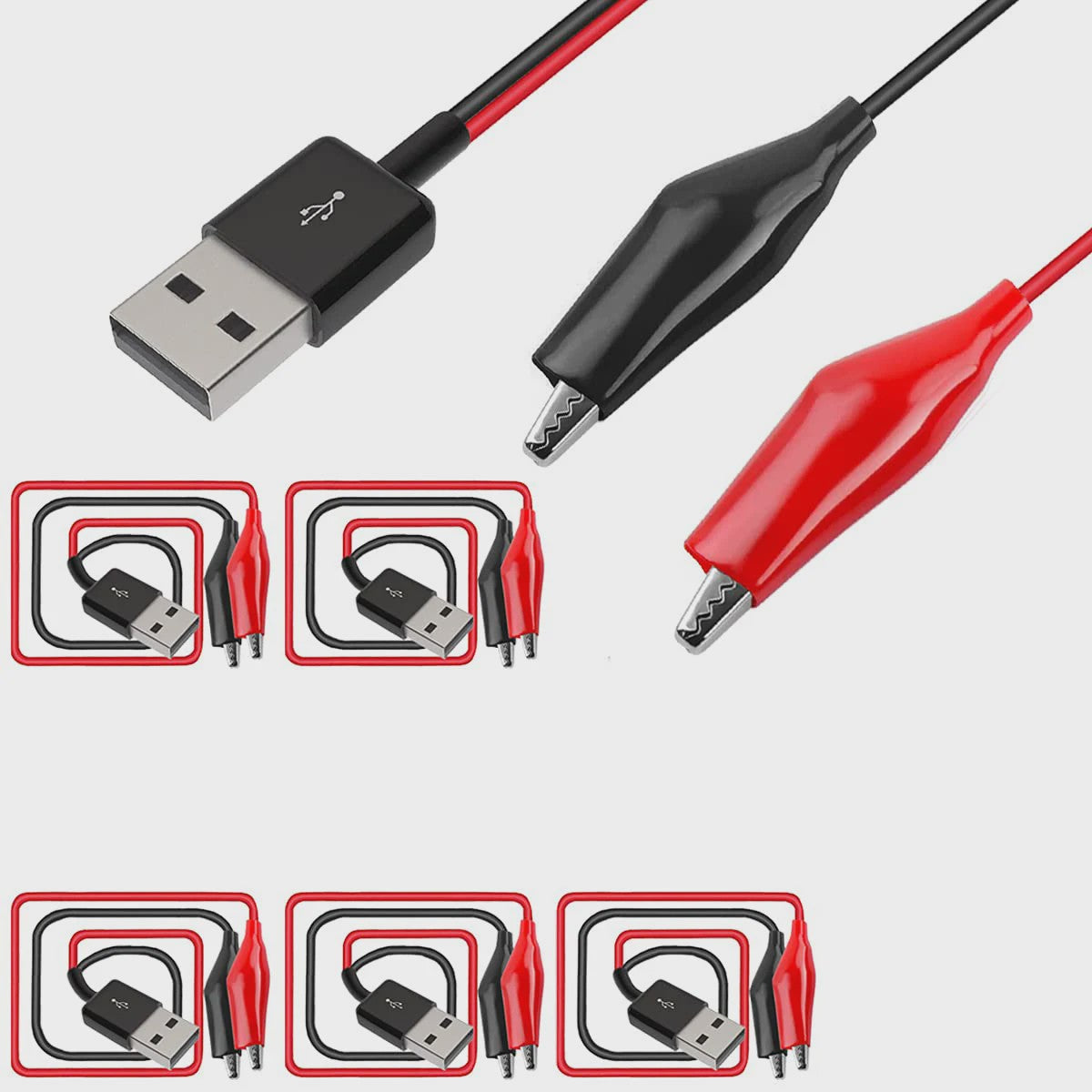 USB Type-A naar Alligator Klem Testkabel - Koperen Leidsels voor Stroomvoorziening