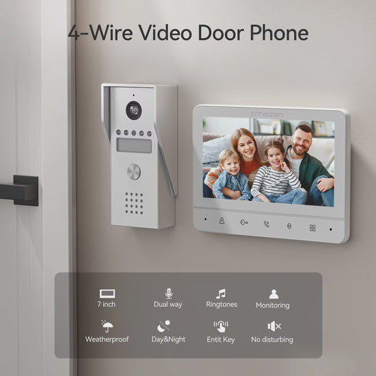 TMEZON 4-Draads Videofoon Intercom Systeem met 7" Kleurendisplay en 120° Camera