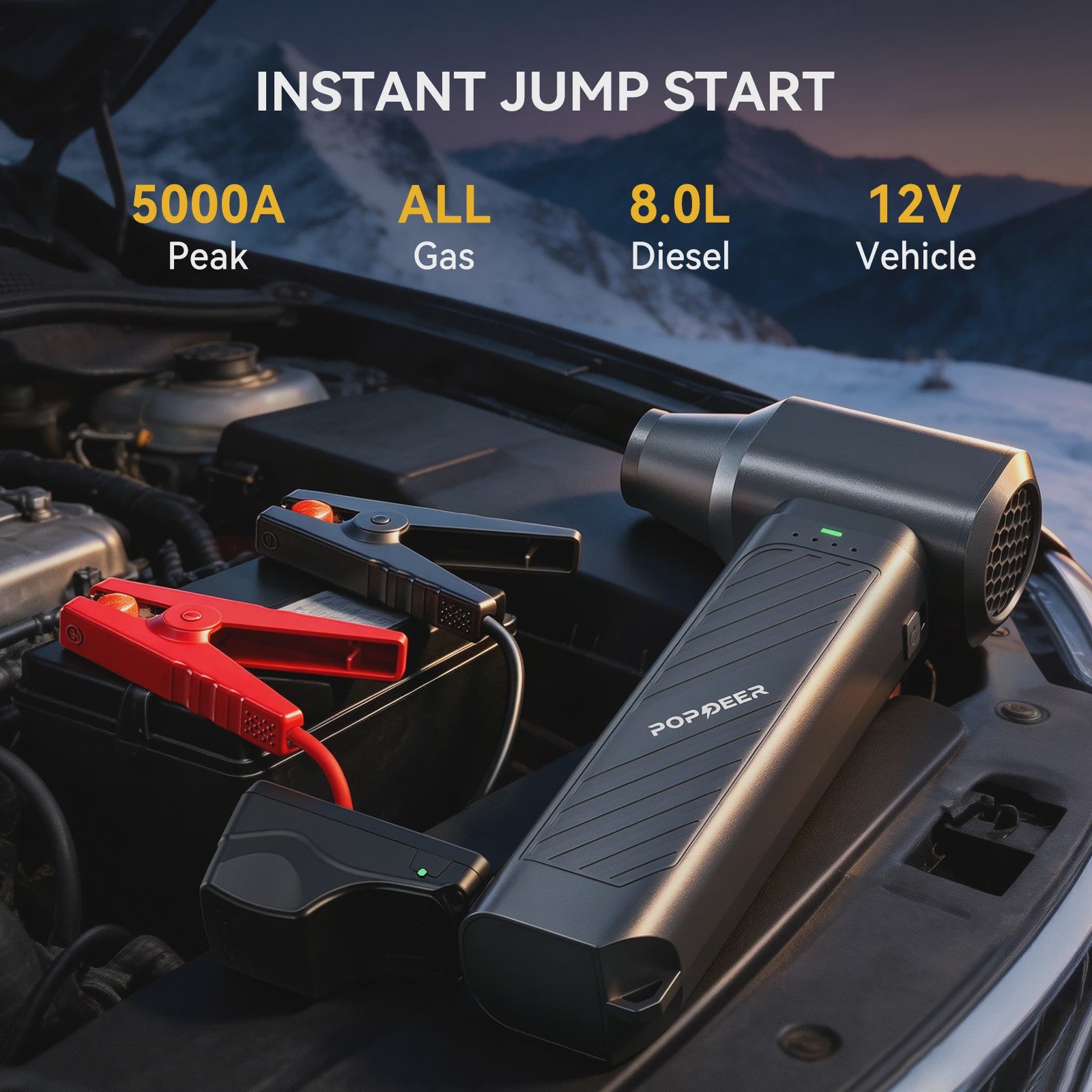 POPDEER PD-JT40 5000A Jump Starter met Turbo Ventilator, 65W Snelladen & 16000mAh Batterij