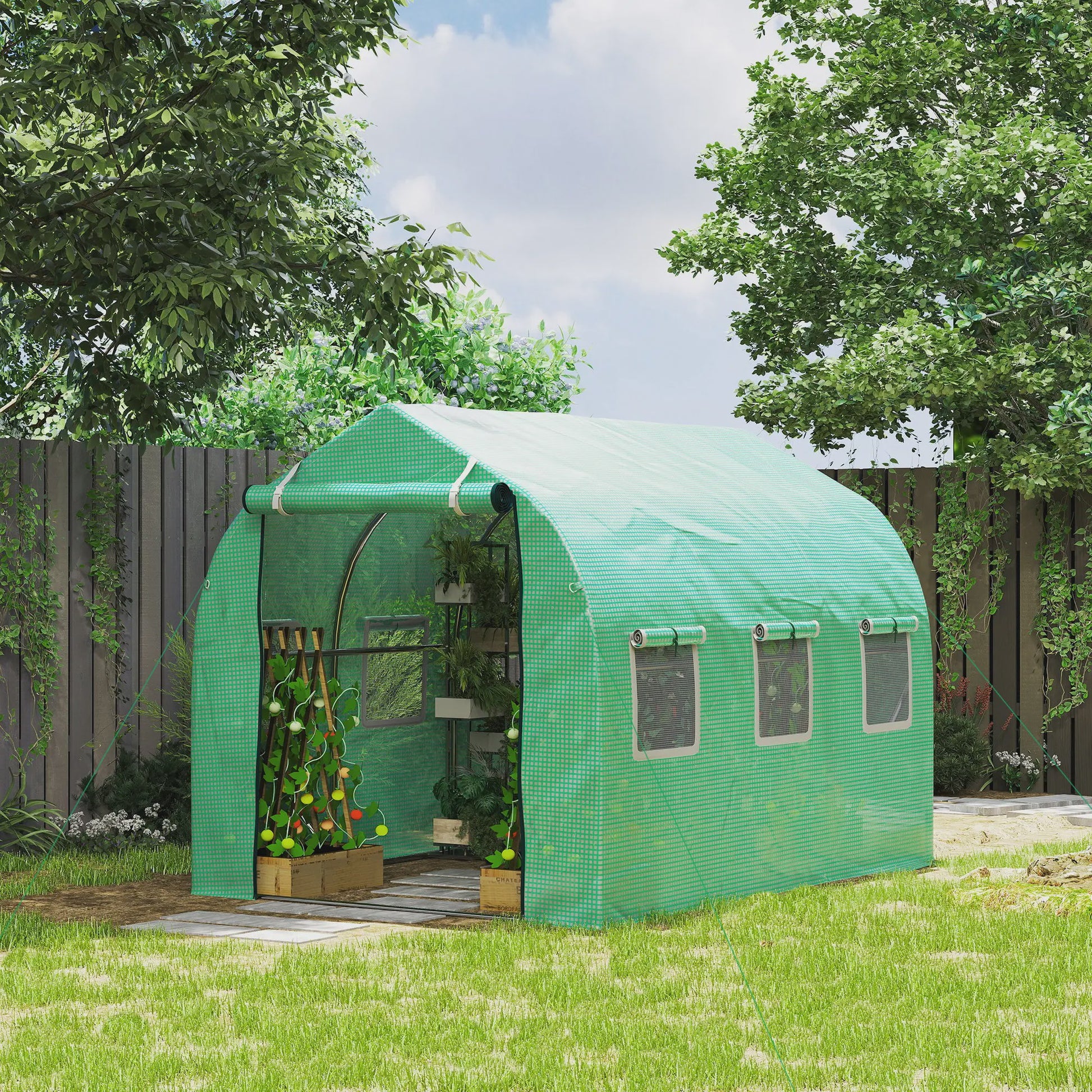 Outsunny Tunnel Kas 5,75 m² - Groen - Met Deur & 6 Rolramen - 295x195x196 cm